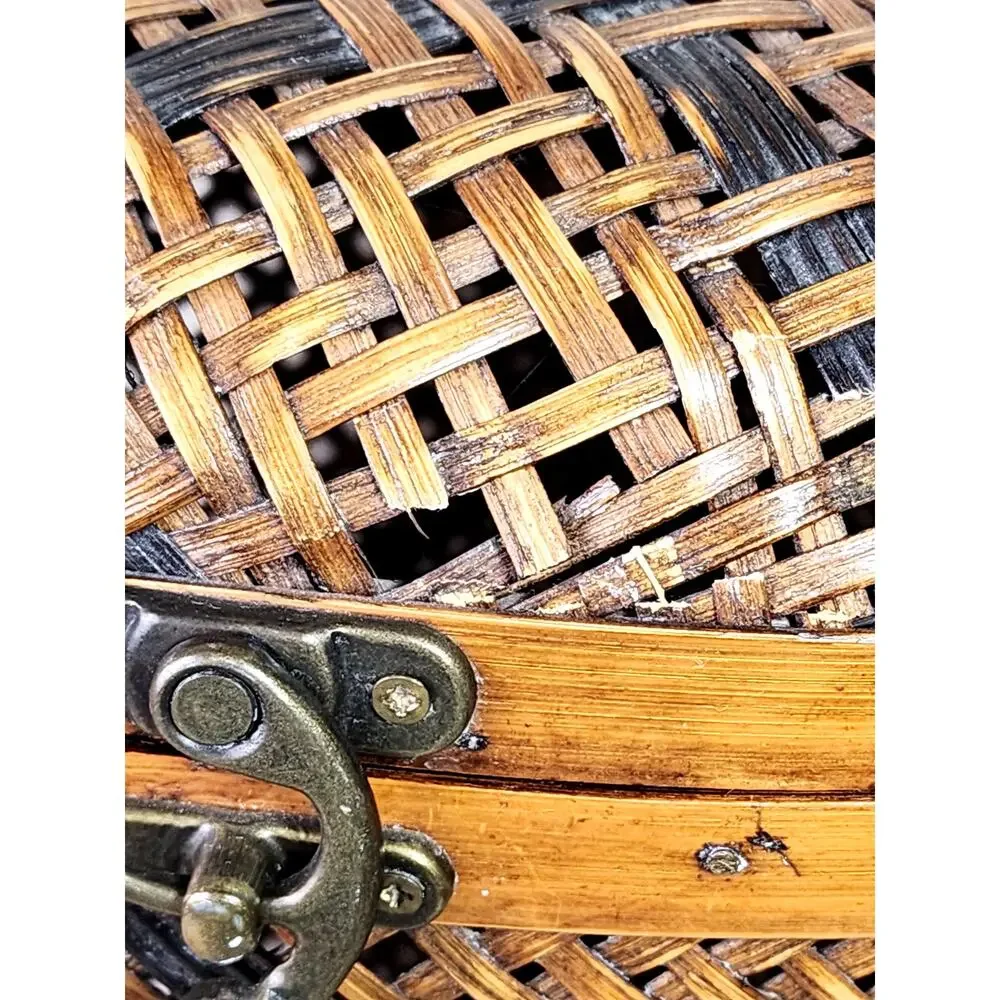 Woven Rattan Lidded Large Basket w/ Lid Brass Accent Asian Inspired 80s Vintage